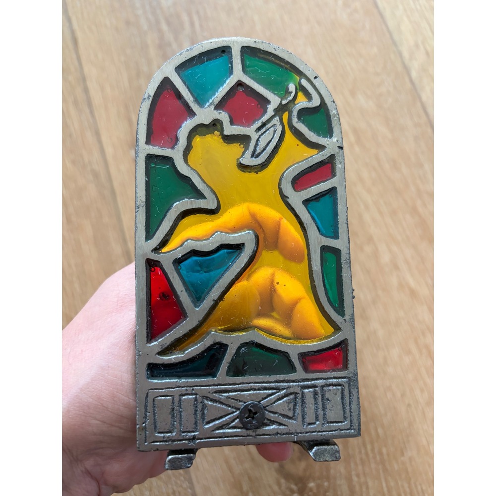Vintage Otagiri Stained Glass Angel Candle Holder Cast Metal Trumpet 5 Inch